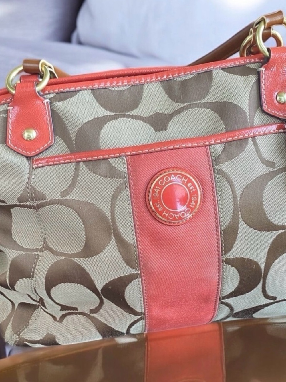 🔥SOLD🔥  Coach Brown Signature Canvas Satchel with Coral Trim - Picture 6 of 10